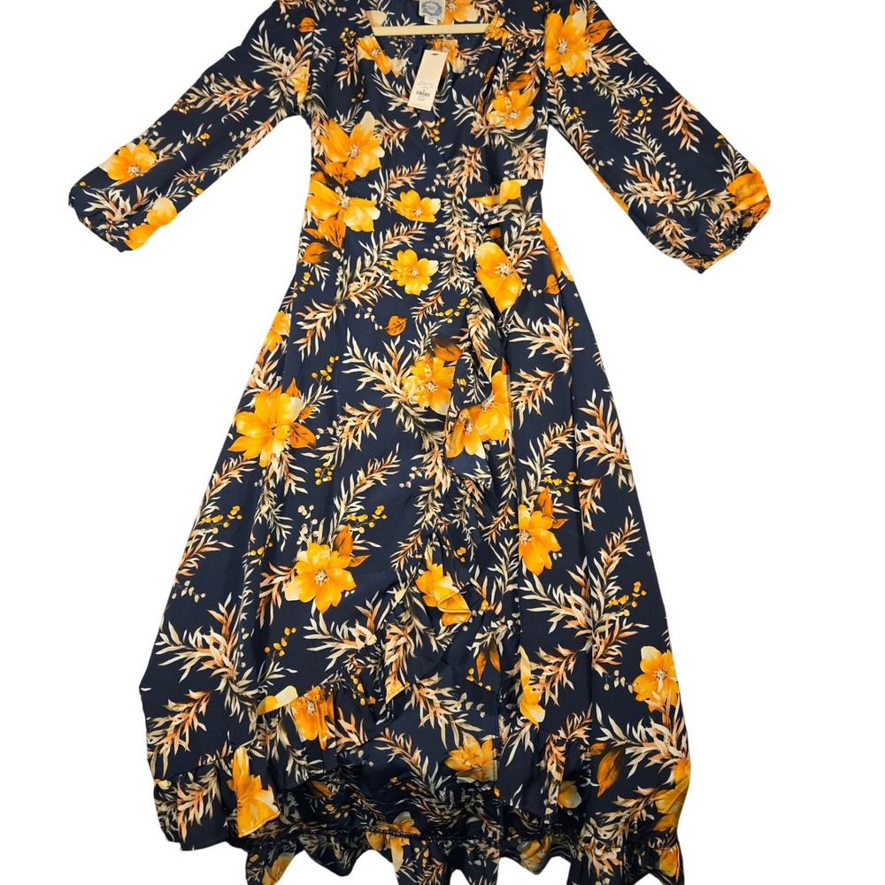 Francesca's Blue Rain Floral Wrap Maxi Dress Navy Orange XS TFD22014